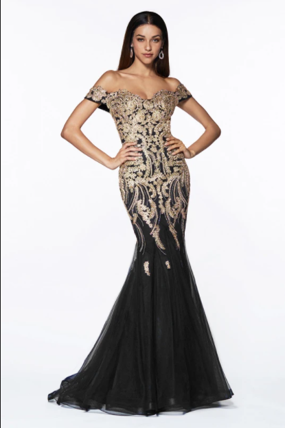 CINDERELLA DIVINE - KV1035 OFF SHOULDER BEADED LACE TULLE MERMAID GOWN
